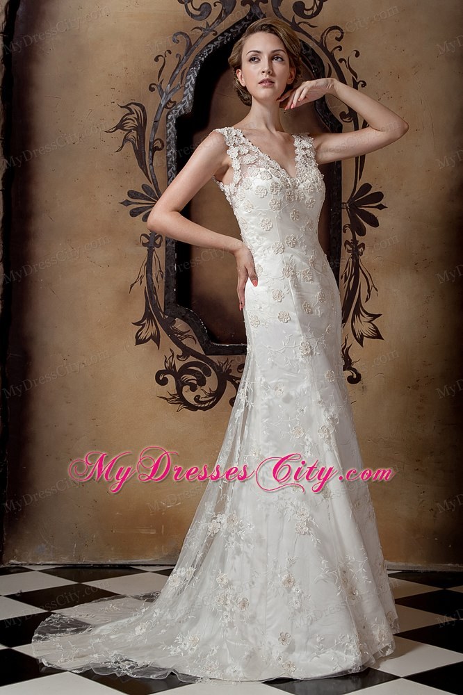 Elegant Column V-neck Floral Lace Covered Wedding Dress 2013