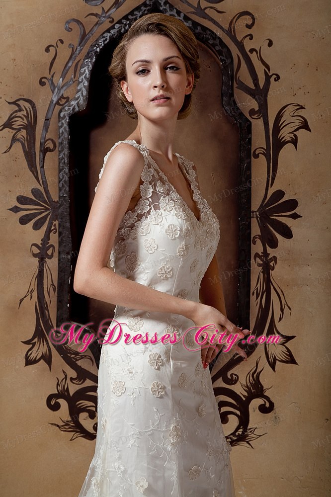 Elegant Column V-neck Floral Lace Covered Wedding Dress 2013