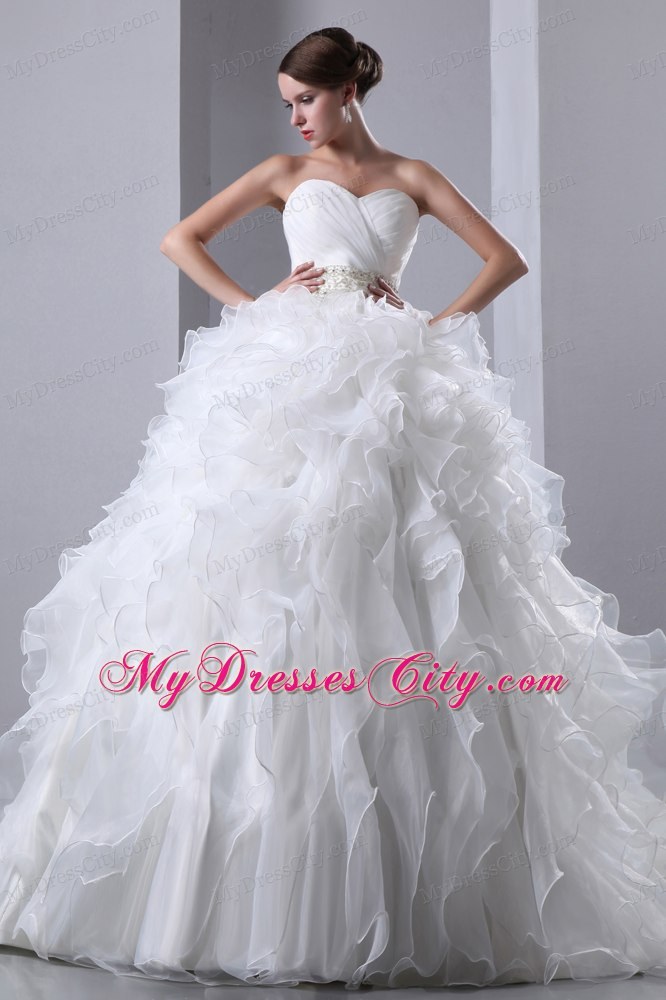 Exclusive Ruffled Chapel Train Beaded Waist Wedding Dress