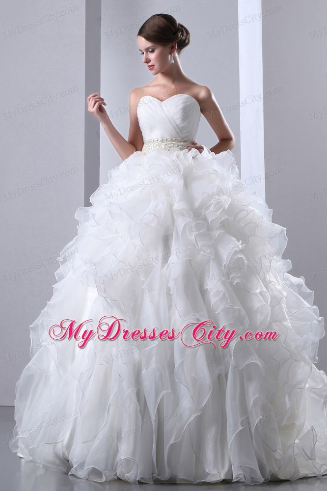Exclusive Ruffled Chapel Train Beaded Waist Wedding Dress