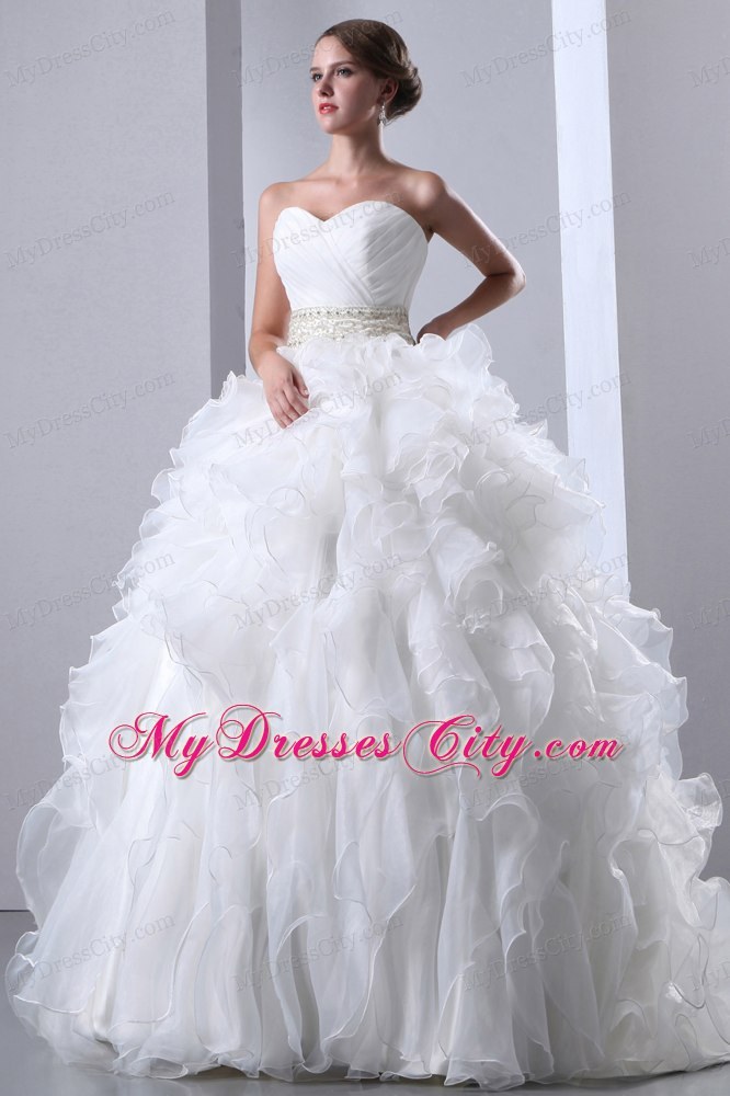 Exclusive Ruffled Chapel Train Beaded Waist Wedding Dress