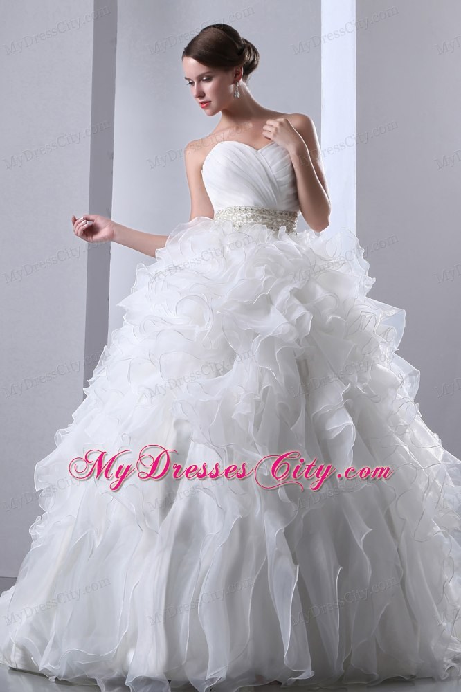 Exclusive Ruffled Chapel Train Beaded Waist Wedding Dress