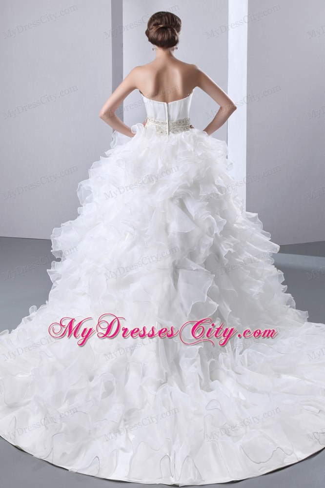 Exclusive Ruffled Chapel Train Beaded Waist Wedding Dress