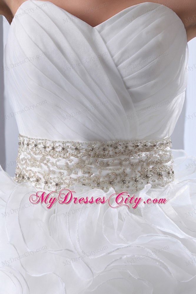 Exclusive Ruffled Chapel Train Beaded Waist Wedding Dress