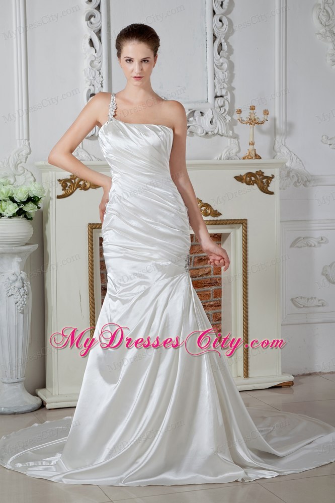 Applique Embellished One Shoulder Ruched Mermaid Wedding Dress