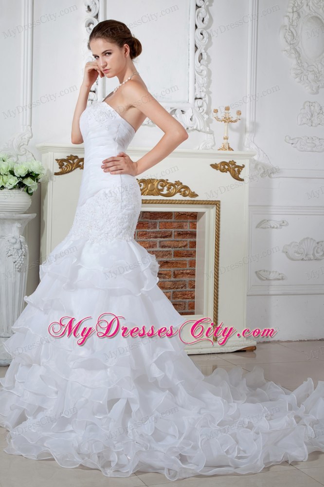 2013 Exquisite Strapless Mermaid Organza Appliques Dress for Brides