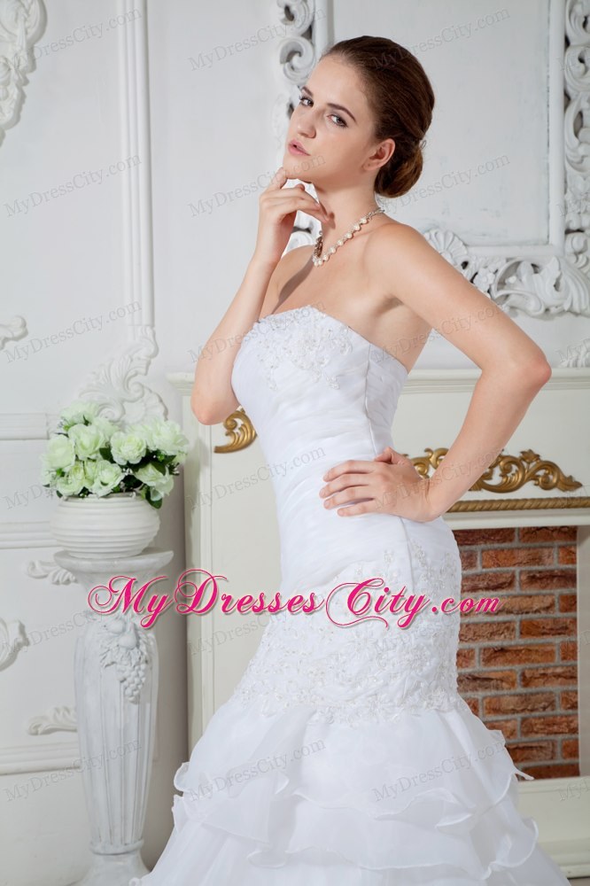 2013 Exquisite Strapless Mermaid Organza Appliques Dress for Brides