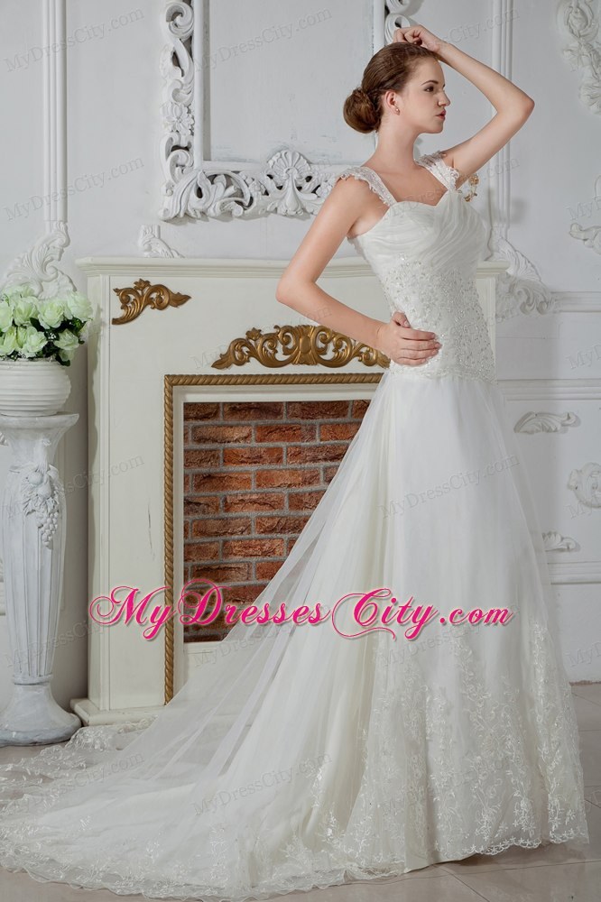 Empire Straps Court Train Appliques and Lace Wedding Dress 2013 on Sale