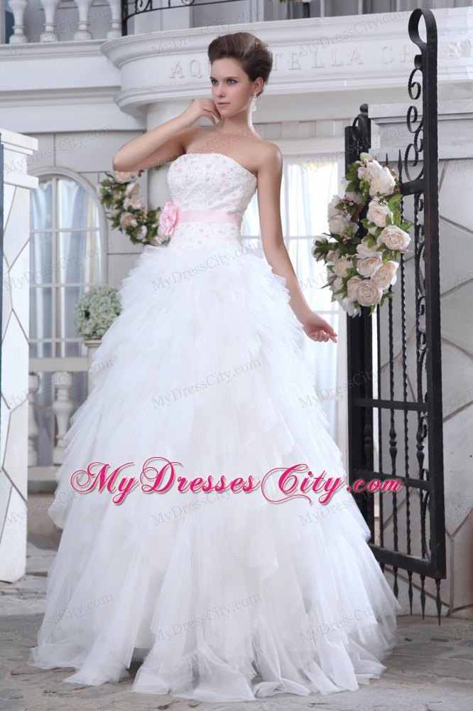 2014 Sweet A-line Strapless Brush Train Beaded Appliques Wedding Dress