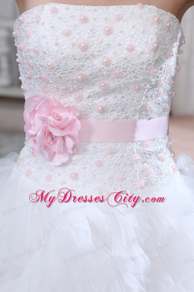2014 Sweet A-line Strapless Brush Train Beaded Appliques Wedding Dress