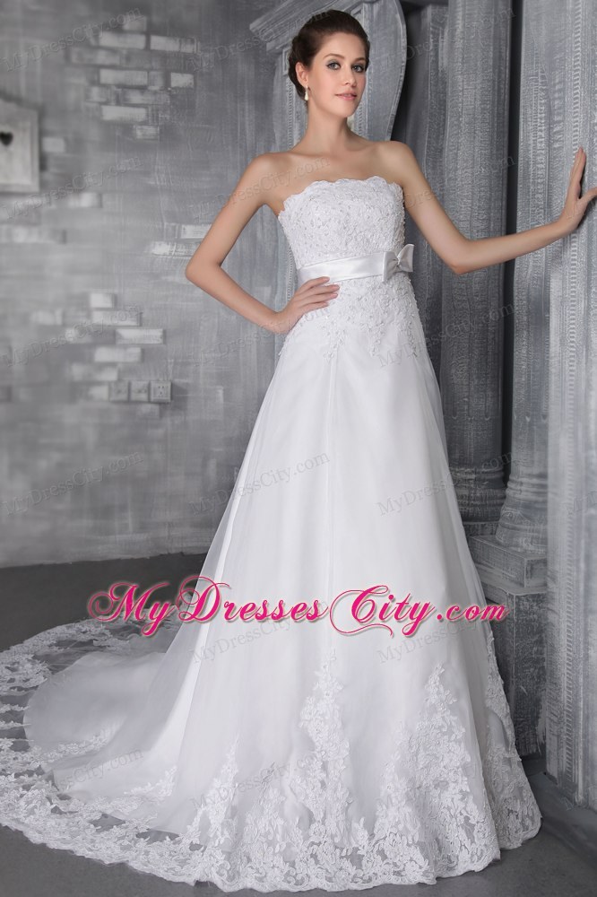 White Strapless A-Line Chapel Train Lace and Beading Wedding Gown