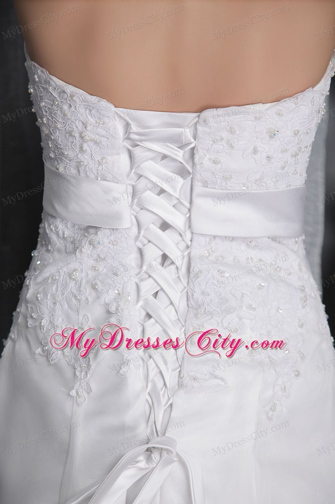 White Strapless A-Line Chapel Train Lace and Beading Wedding Gown