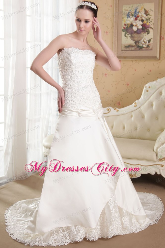 White Strapless A-Line Princess Brush Train Taffeta Appliques Wedding Dress