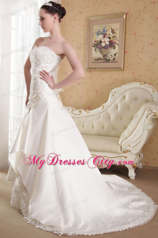 White Strapless A-Line Princess Brush Train Taffeta Appliques Wedding Dress