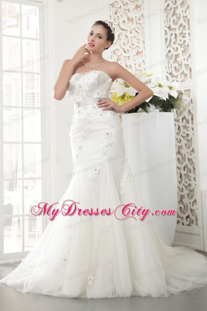 Exquisite Strapless Court Train Tulle Beaded Mermaid Bridal Gowns with Sash