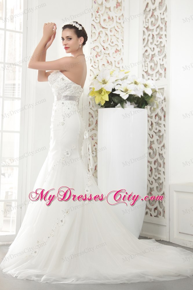 Exquisite Strapless Court Train Tulle Beaded Mermaid Bridal Gowns with Sash