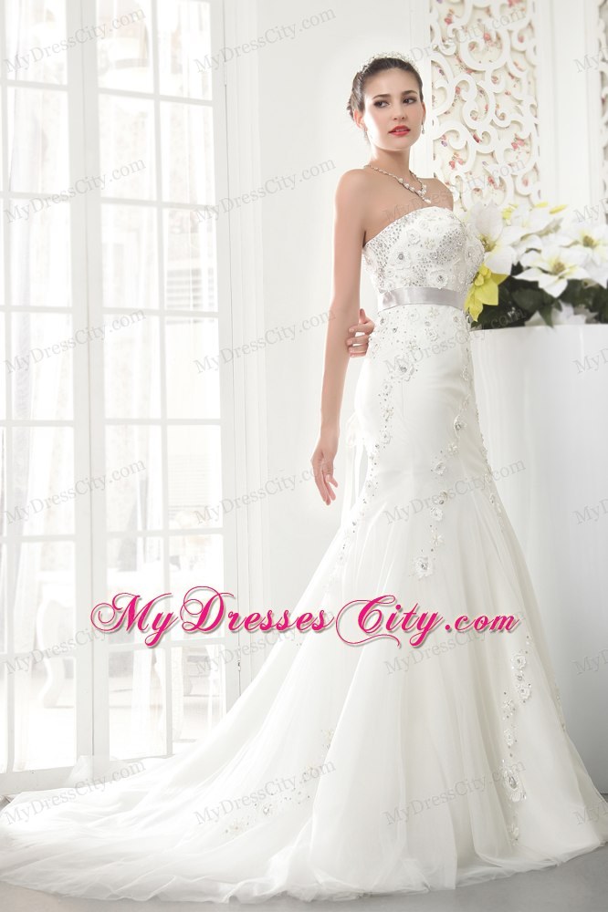 Exquisite Strapless Court Train Tulle Beaded Mermaid Bridal Gowns with Sash