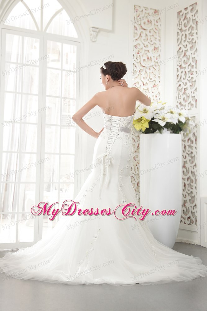Exquisite Strapless Court Train Tulle Beaded Mermaid Bridal Gowns with Sash