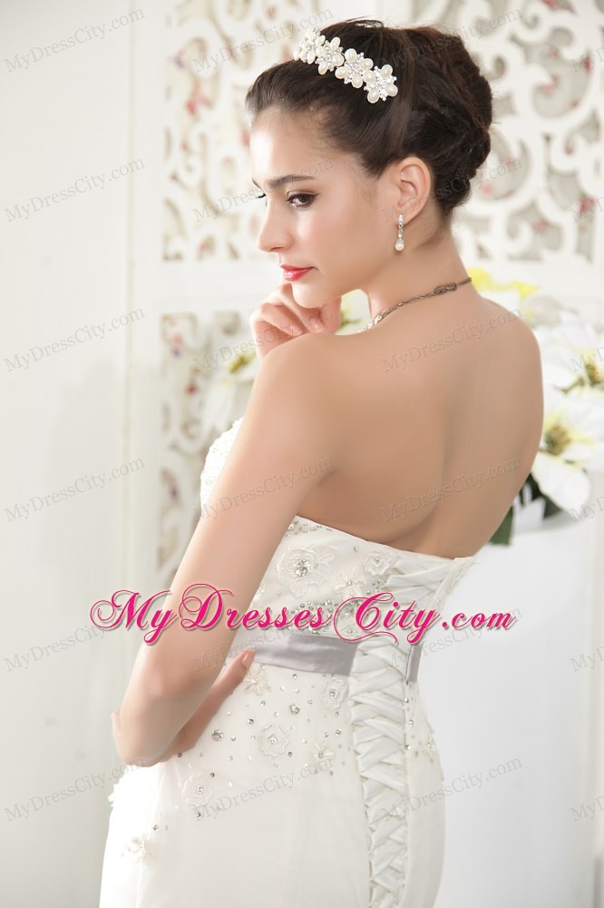 Exquisite Strapless Court Train Tulle Beaded Mermaid Bridal Gowns with Sash