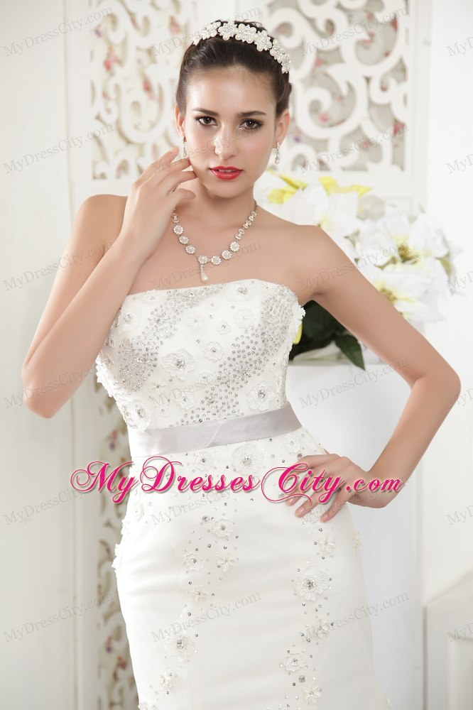 Exquisite Strapless Court Train Tulle Beaded Mermaid Bridal Gowns with Sash