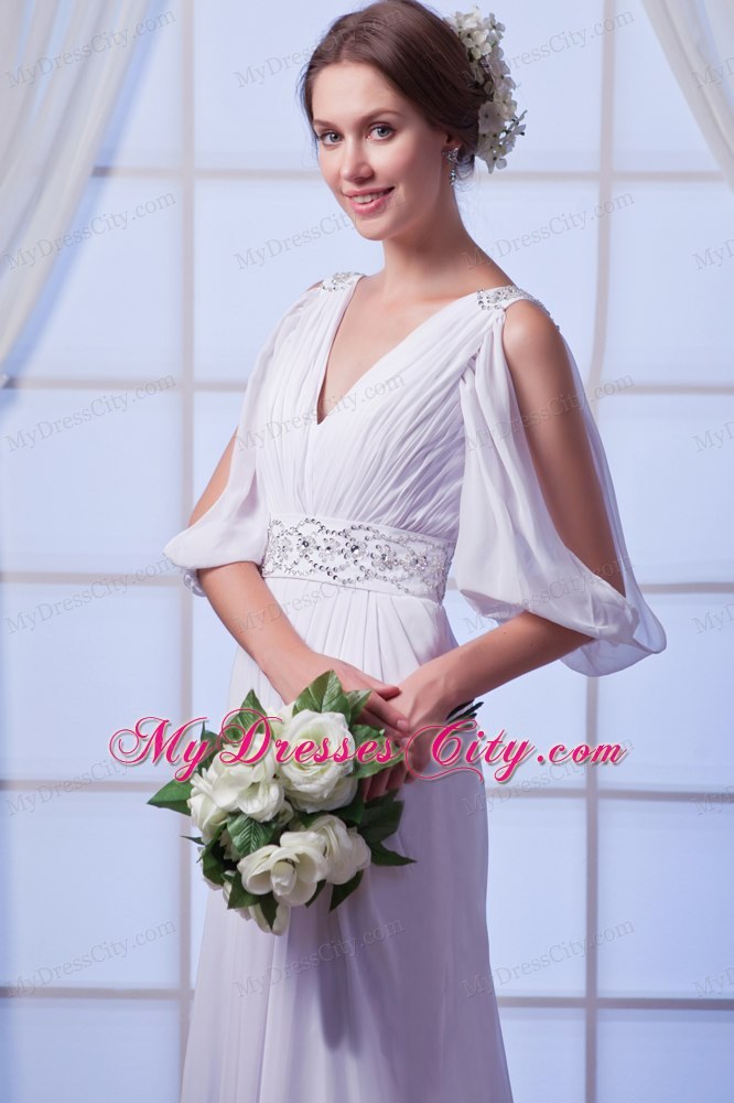 Customize Empire V-neck Court Train Beaded Chiffon Dress for Wedding