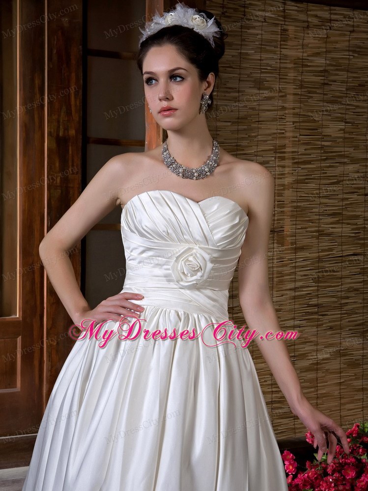 Unique Long High-low Sweetheart A-line Ruching and Flowers Wedding Dress