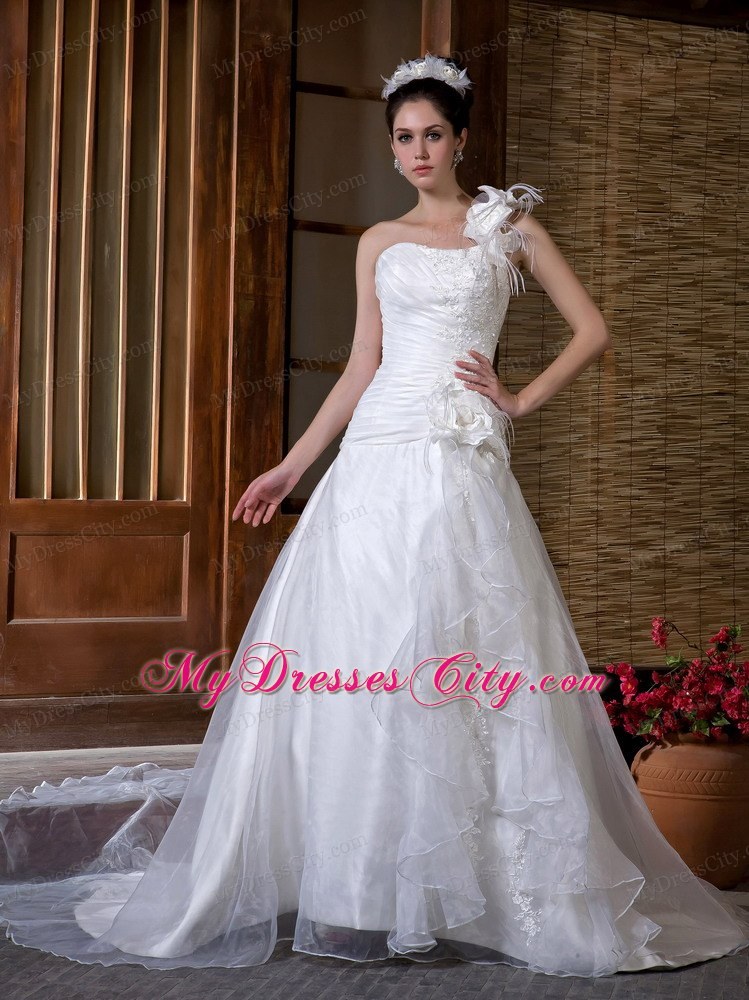 2013 Cheap A-line One Ruffle Shoulder Appliques Flowery Wedding Dress