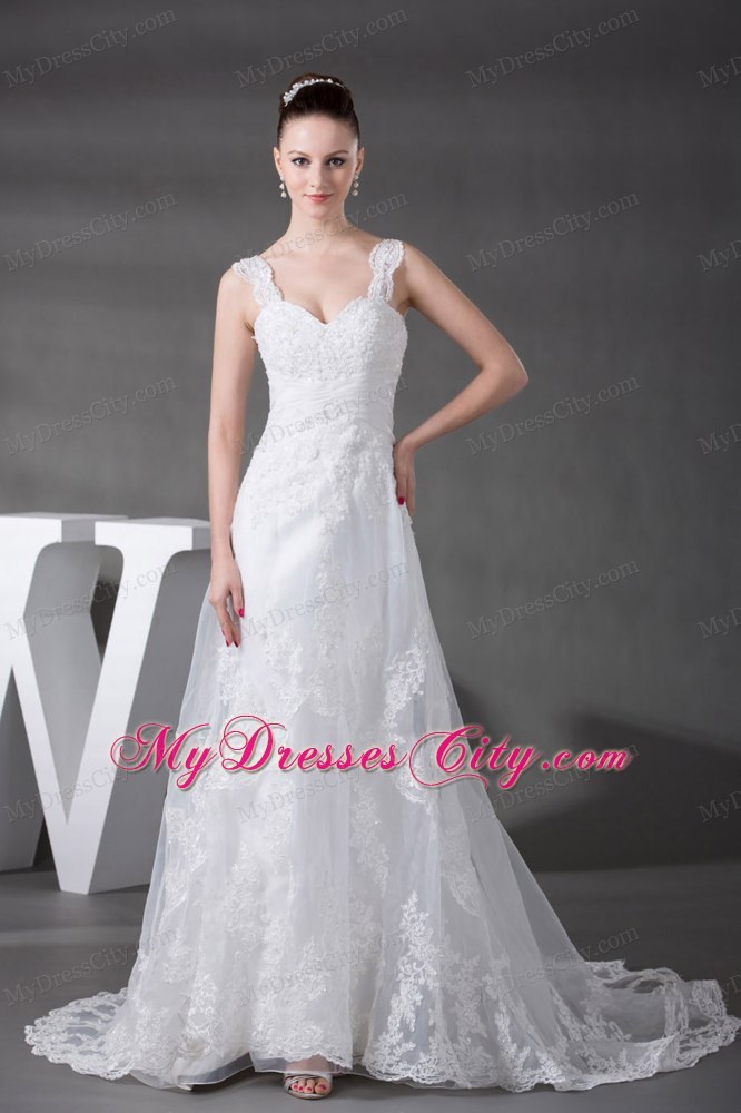 2013 High Quality A-line Lace Court Train Bridal Dresses with Wide Straps