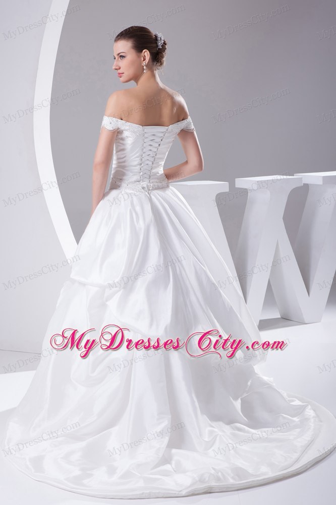 2013 Beaded Off The Shoulder A-Line Pick-up Flowers Wedding Gowns