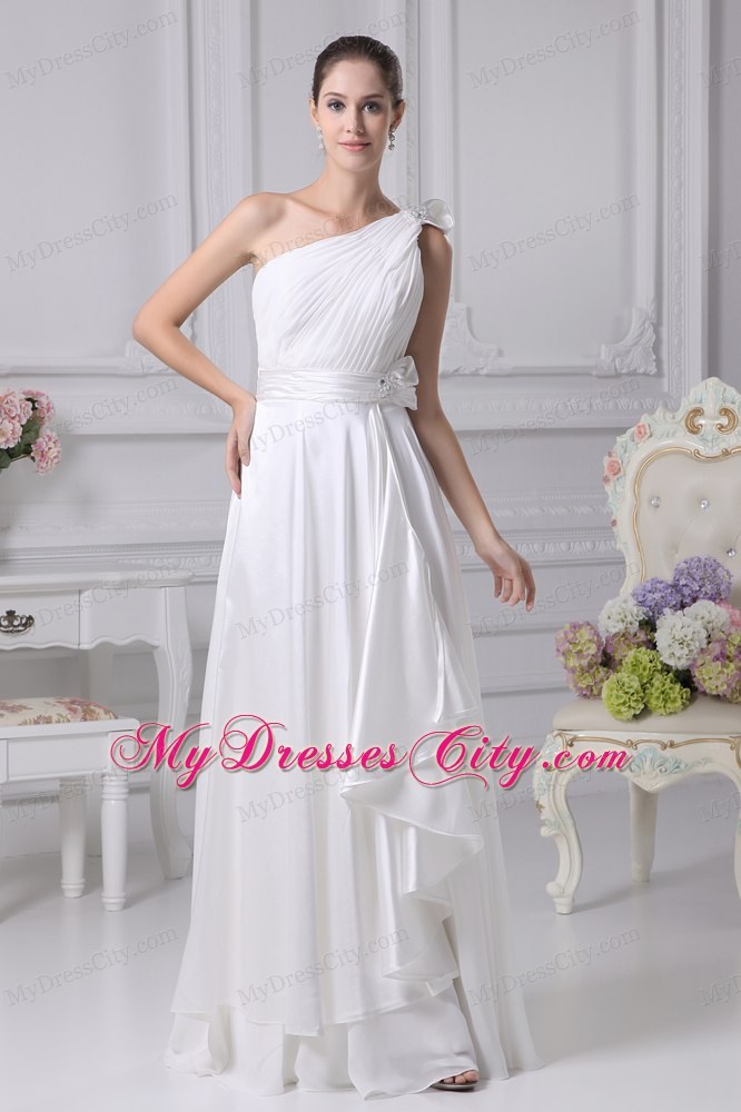 Empire Ruching and Beading Flowery Bridal Gown with Single Shoulder