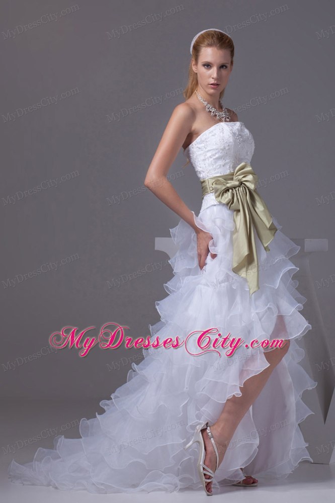 Modern High-low Ruffles and Embroidery Princess Ribboned Bridal Gown