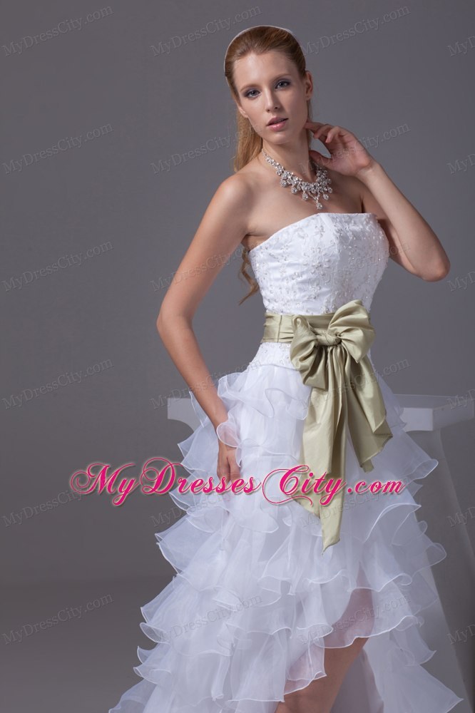 Modern High-low Ruffles and Embroidery Princess Ribboned Bridal Gown