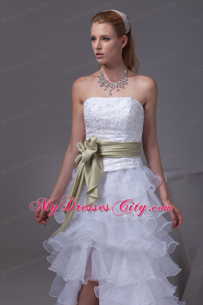 Modern High-low Ruffles and Embroidery Princess Ribboned Bridal Gown