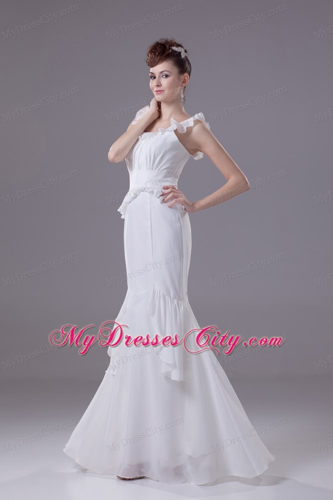 Elegant Mermaid Scoop Chiffon Ruching Wedding Dress with Ruffle Straps