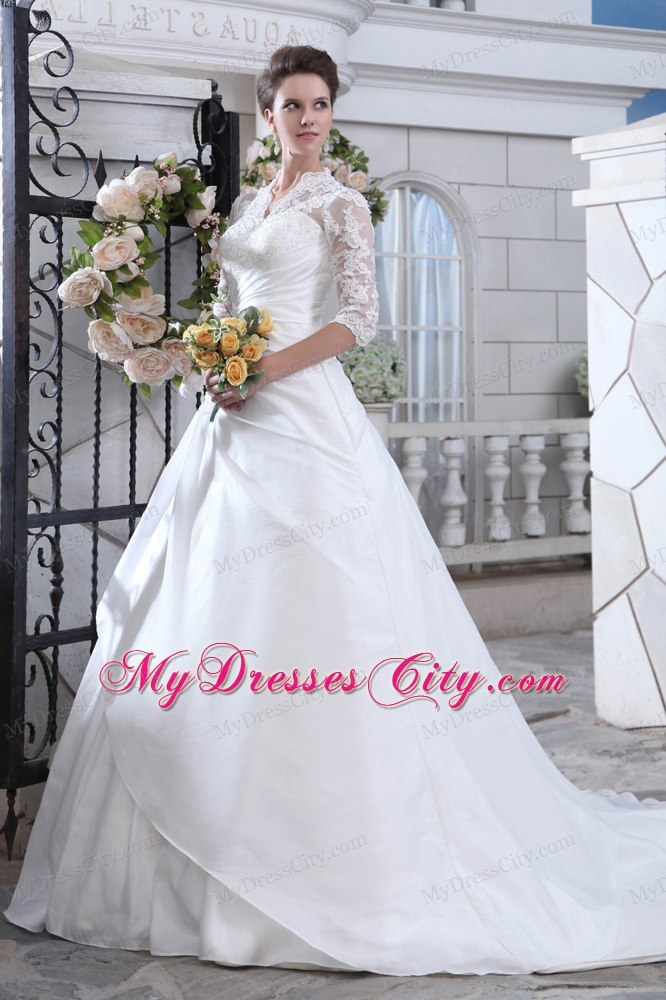 Discounted Vneck Court Train Wedding Gown with Transparent Sleeves