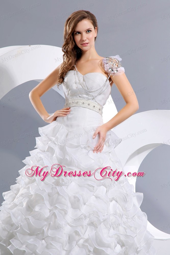 Must-have A-line Beaded and Ruffled Sweetheart Wedding Dress with Train