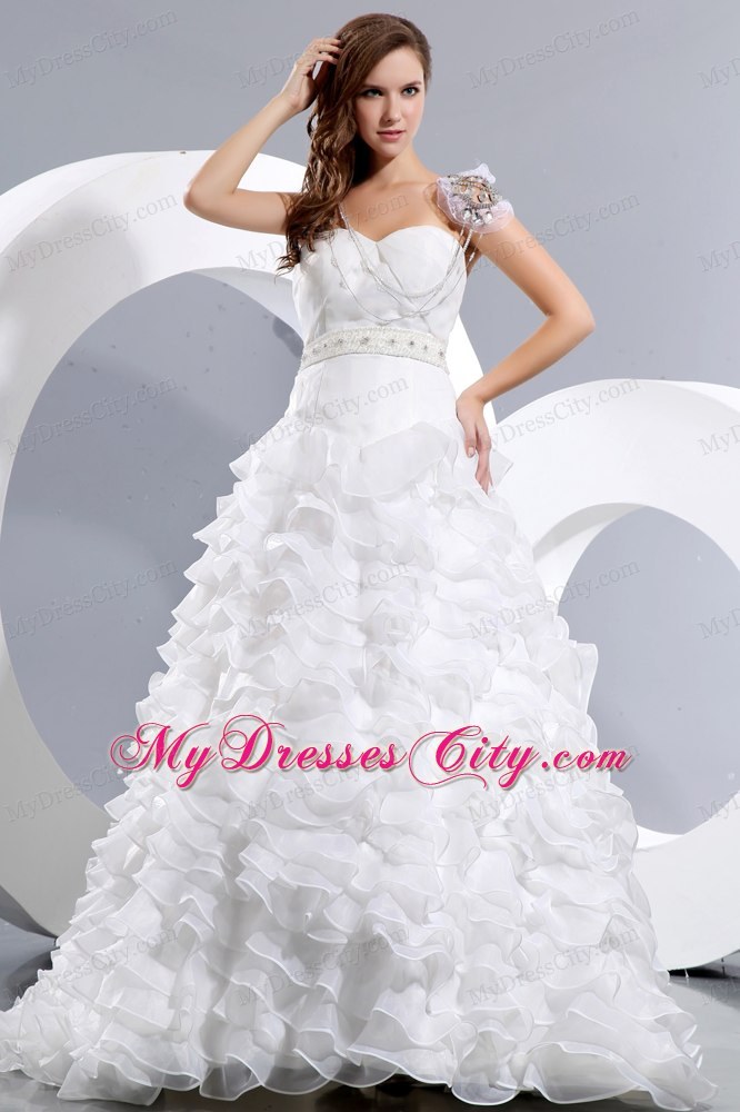 Must-have A-line Beaded and Ruffled Sweetheart Wedding Dress with Train