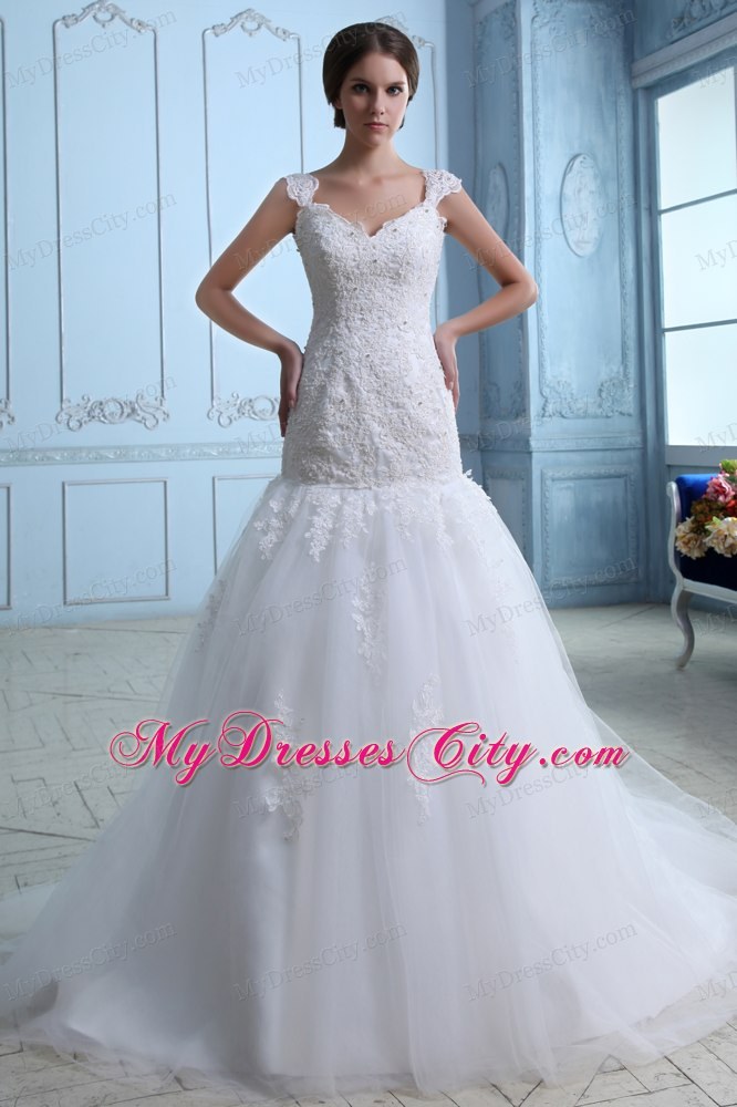 Iconic Trumpet Straps Brush Train Tulle and Lace Wedding Dress under 250