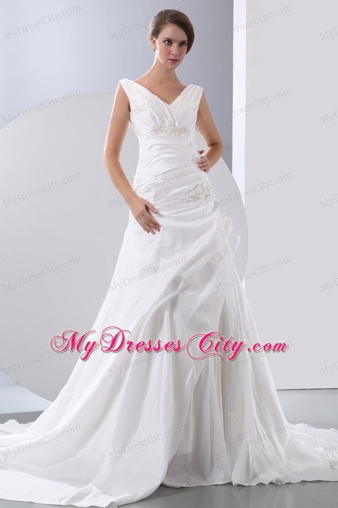 Hot Aline Appliques and Beading Ruched Vneck Wedding Anniversary Dress