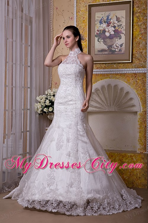 Upscale Mermaid Halter Top Taffeta and Lace Brush Train Wedding Dress