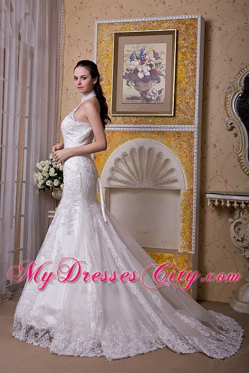 Upscale Mermaid Halter Top Taffeta and Lace Brush Train Wedding Dress