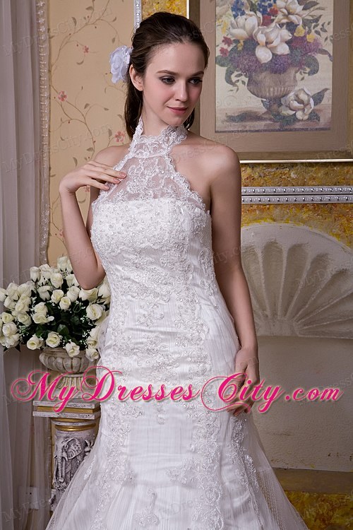 Upscale Mermaid Halter Top Taffeta and Lace Brush Train Wedding Dress