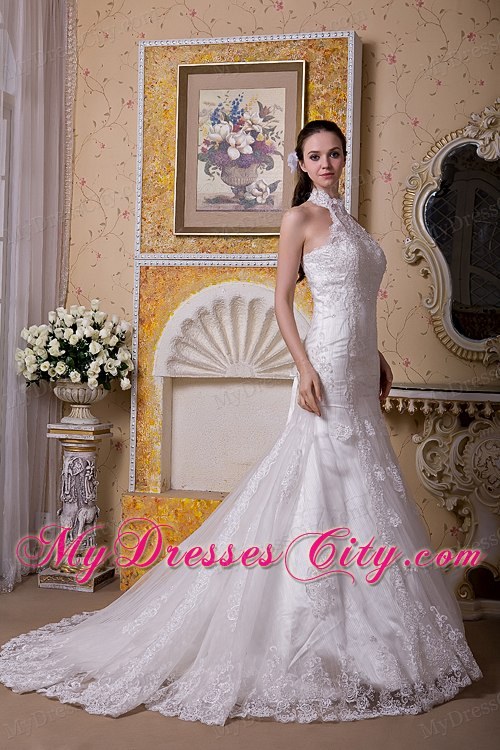 Upscale Mermaid Halter Top Taffeta and Lace Brush Train Wedding Dress