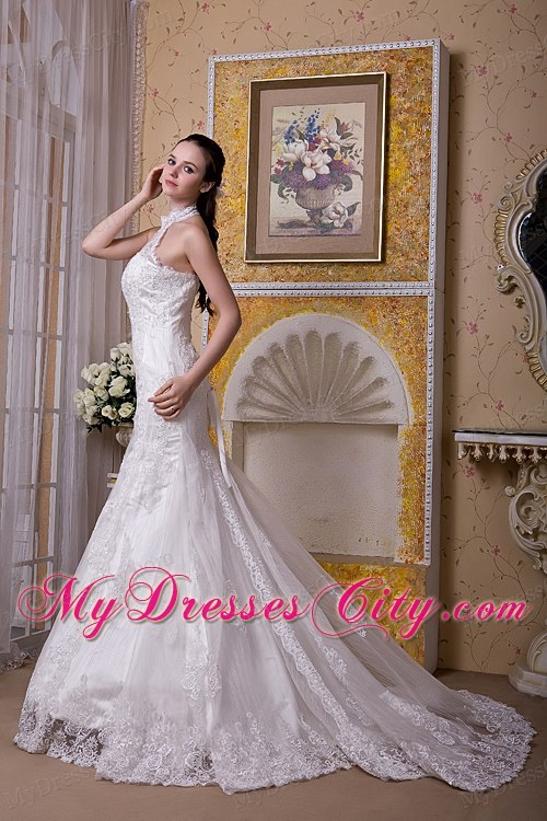 Upscale Mermaid Halter Top Taffeta and Lace Brush Train Wedding Dress
