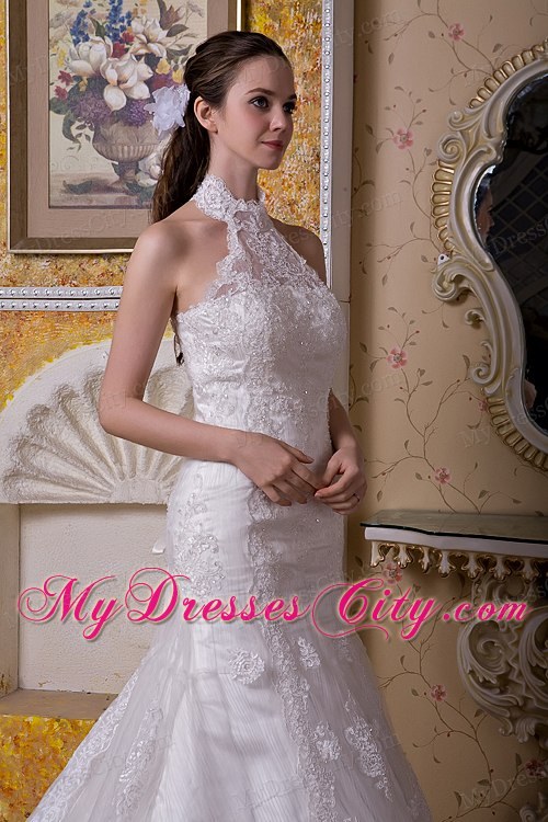 Upscale Mermaid Halter Top Taffeta and Lace Brush Train Wedding Dress