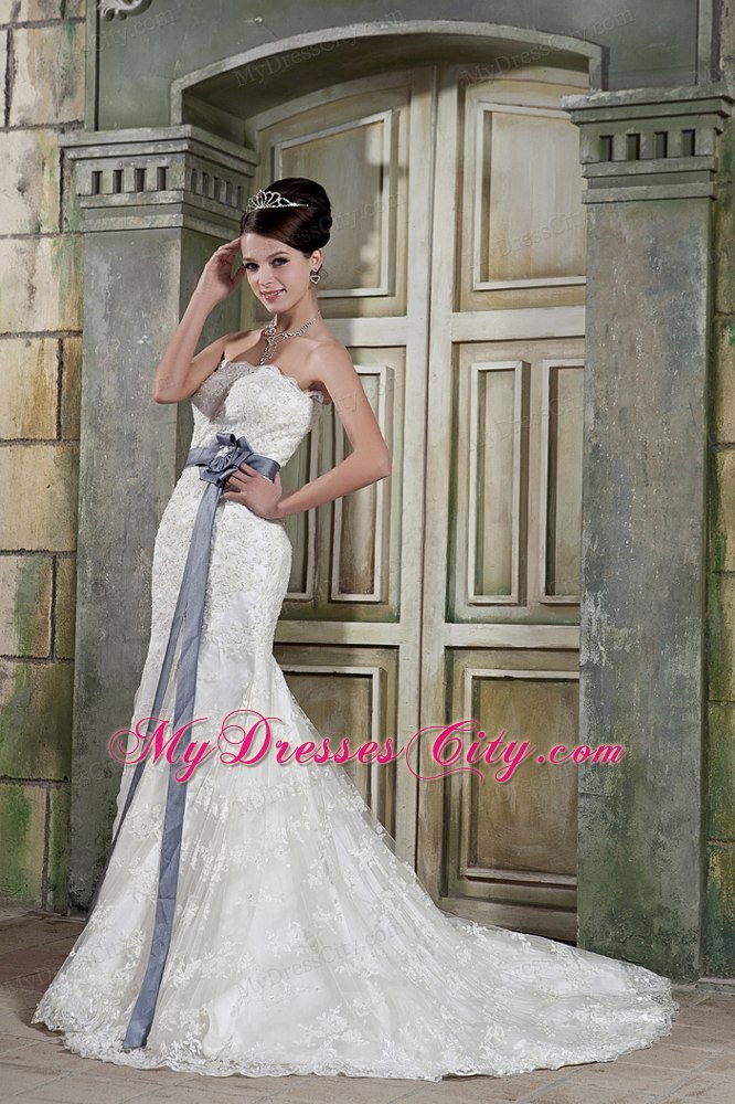 Mermaid Strapless Court Train Lace Wedding Dress with Gray Sash