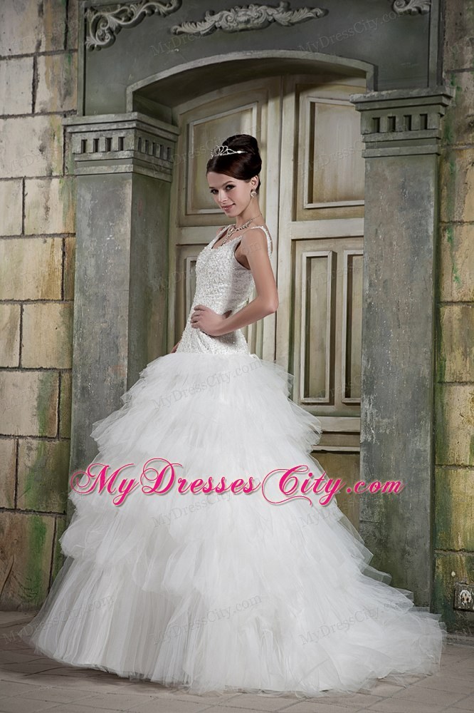 Modest Ball Gown Scoop Neck Brush Train Beaded Wedding Dress