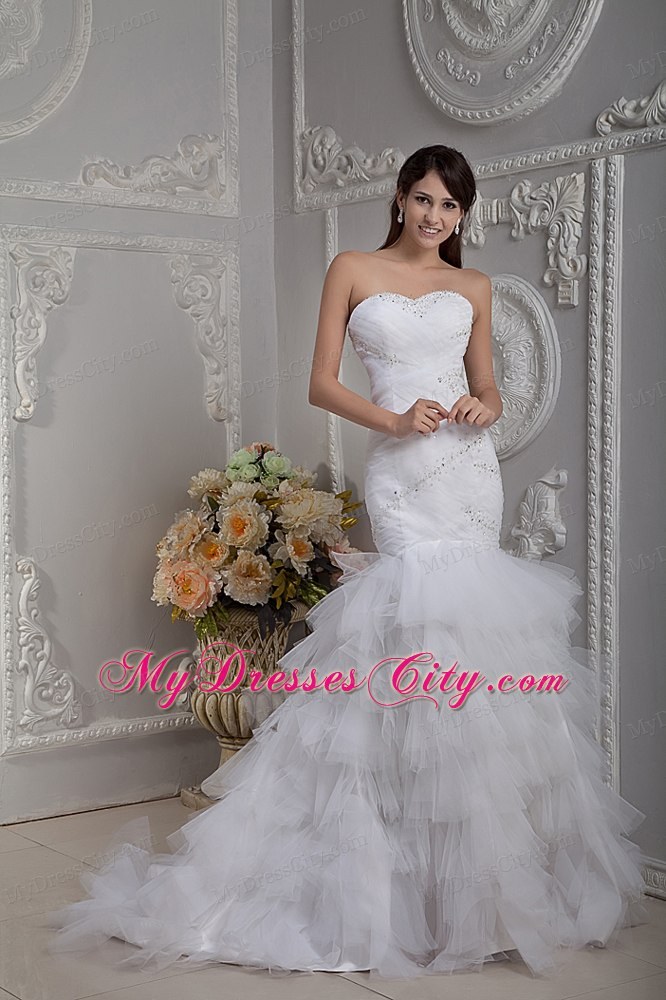 Mermaid Sweetheart Court Train Beaded and Ruched wedding Gown