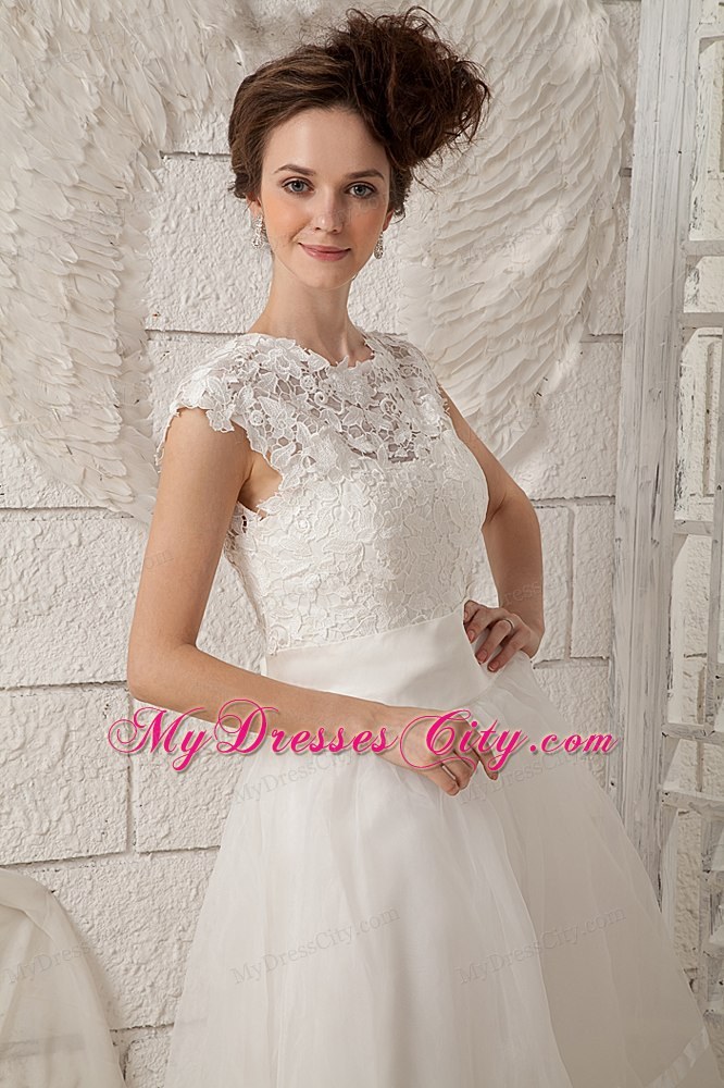 Lovely Cap Sleeves Aline Lace Scoop Tealength Wedding Dress