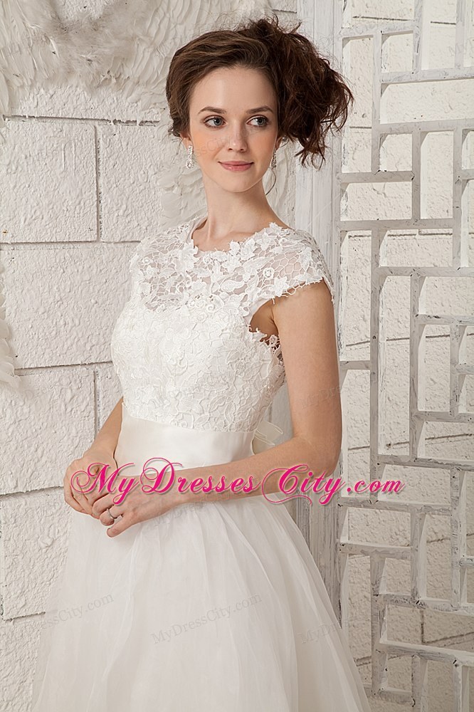 Lovely Cap Sleeves Aline Lace Scoop Tealength Wedding Dress